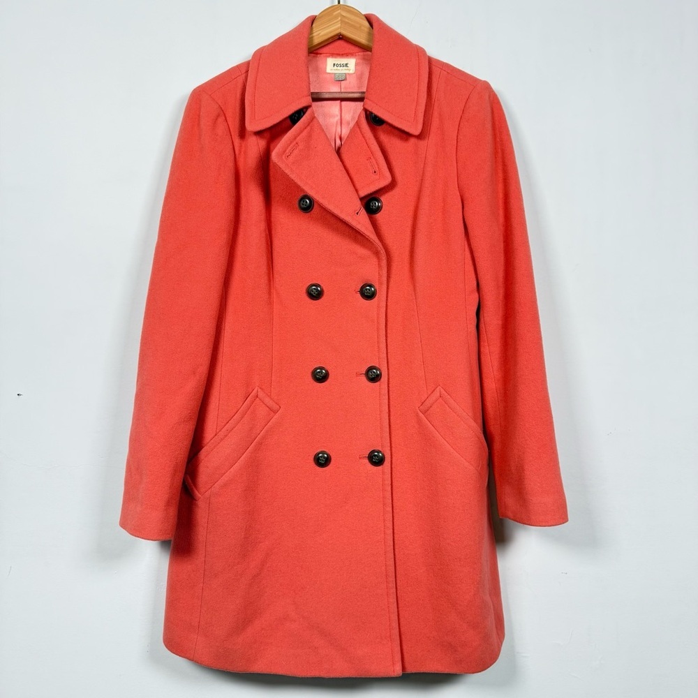 Fossil Women's Vibrant Coral 80% Wool Pea Coat, Size M